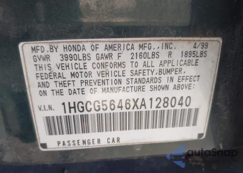1999 Honda Accord Lx from USA, damaged, VIN 1HGCG5646XA128040